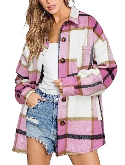 Beaully Womens Casual Plaid Shackets Brushed Flannel Button Down Pocketed Shirt Jacket Coats