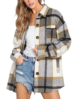 Beaully Womens Casual Plaid Shackets Brushed Flannel Button Down Pocketed Shirt Jacket Coats