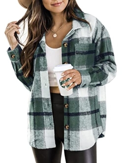 Beaully Womens Casual Plaid Shackets Brushed Flannel Button Down Pocketed Shirt Jacket Coats