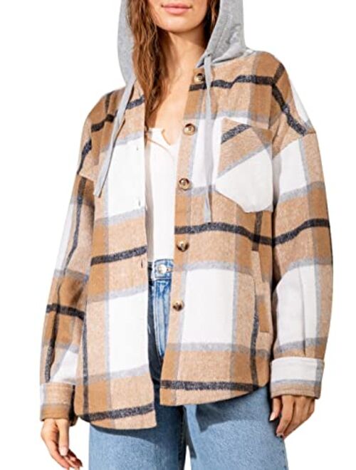 Beaully Womens Casual Plaid Shackets Brushed Flannel Button Down Pocketed Shirt Jacket Coats