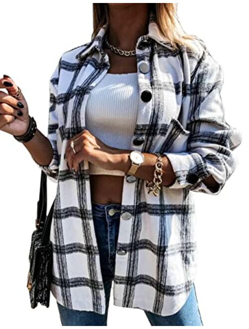 Beaully Womens Casual Plaid Shackets Brushed Flannel Button Down Pocketed Shirt Jacket Coats