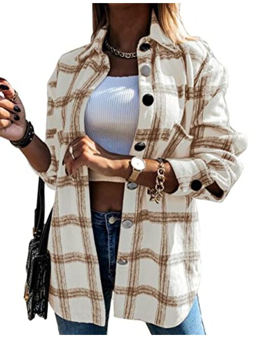 Beaully Womens Casual Plaid Shackets Brushed Flannel Button Down Pocketed Shirt Jacket Coats