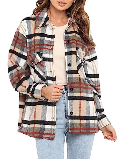 Beaully Womens Casual Plaid Shackets Brushed Flannel Button Down Pocketed Shirt Jacket Coats