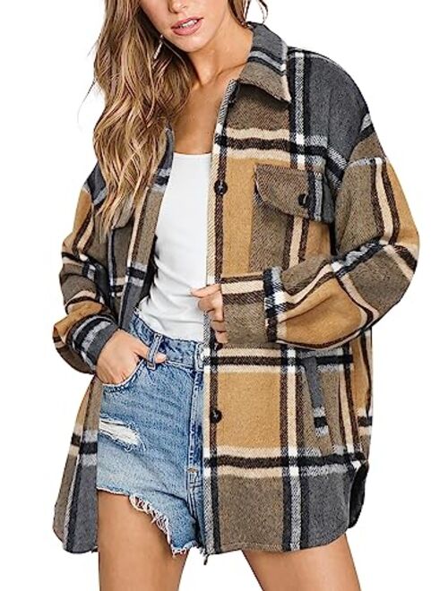 Beaully Womens Casual Plaid Shackets Brushed Flannel Button Down Pocketed Shirt Jacket Coats