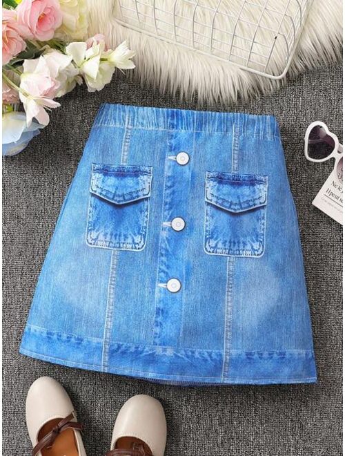 Shein Tween Girl Flap Pocket Button Front Denim-Effect Print Skirt