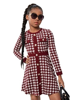 Girl's Houndstooth Print Button Front Long Sleeve Flare Hem A Line Short Dress