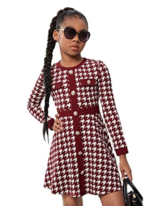 WDIRARA Girl's Houndstooth Print Button Front Long Sleeve Flare Hem A Line Short Dress