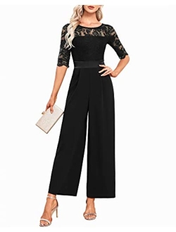 AQZ Womens Elegant Jumpsuits For Women Dressy Wedding Party One Piece Jumpsuit Wide Leg Formal Rompers Long Lace Sleeve Belt