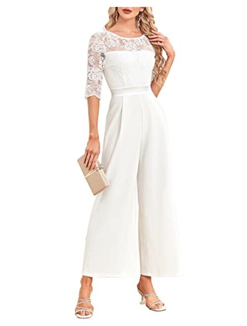 AQZ Womens Elegant Jumpsuits For Women Dressy Wedding Party One Piece Jumpsuit Wide Leg Formal Rompers Long Lace Sleeve Belt