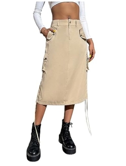 Womens Drawstring Midi Cargo Skirt Trendy Y2K Skirts Streetwear with Pockets 2023