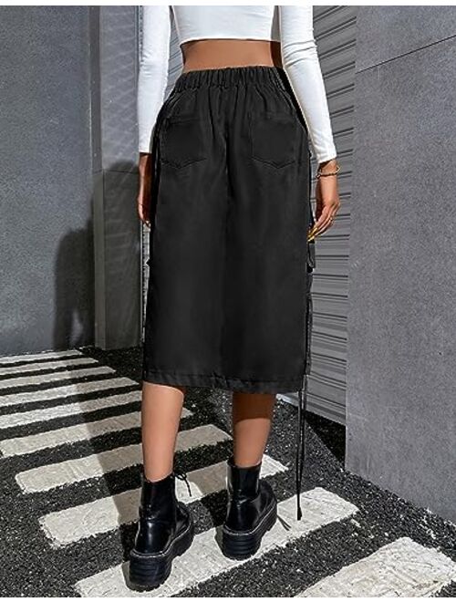 Blooming Jelly Womens Drawstring Midi Cargo Skirt Trendy Y2K Skirts Streetwear with Pockets 2023