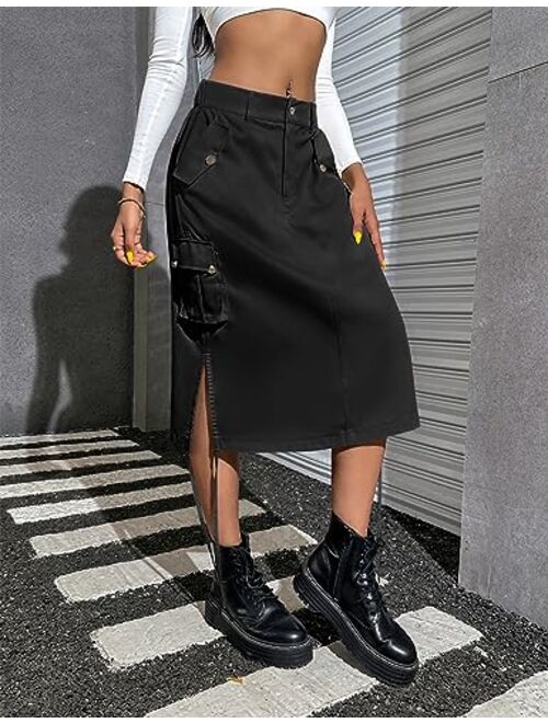 Blooming Jelly Womens Drawstring Midi Cargo Skirt Trendy Y2K Skirts Streetwear with Pockets 2023