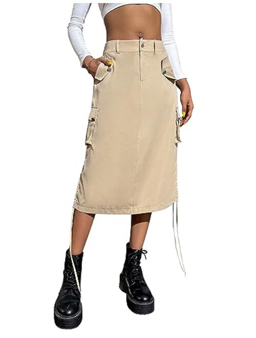 Blooming Jelly Womens Drawstring Midi Cargo Skirt Trendy Y2K Skirts Streetwear with Pockets 2023