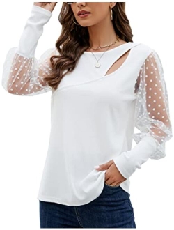 Women's Puff Sleeve Tops Cut Out Sexy Casual Leopard Print Sheer Mesh Long Sleeve Shirts Dressy Blouses