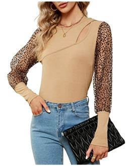 Women's Puff Sleeve Tops Cut Out Sexy Casual Leopard Print Sheer Mesh Long Sleeve Shirts Dressy Blouses