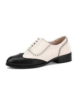 U-lite Women's Perforated Lace-up Wingtip Multicolor Leather Flat Oxfords Vintage Oxford Shoes