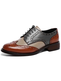 U-lite Women's Perforated Lace-up Wingtip Multicolor Leather Flat Oxfords Vintage Oxford Shoes