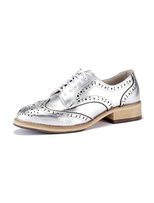 U-lite Women's Perforated Lace-up Wingtip Multicolor Leather Flat Oxfords Vintage Oxford Shoes