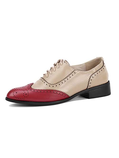 U-lite Women's Perforated Lace-up Wingtip Multicolor Leather Flat Oxfords Vintage Oxford Shoes