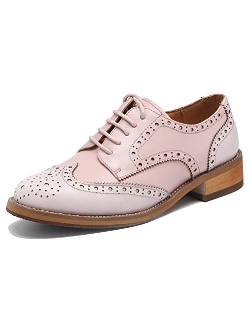 U-lite Women's Perforated Lace-up Wingtip Multicolor Leather Flat Oxfords Vintage Oxford Shoes