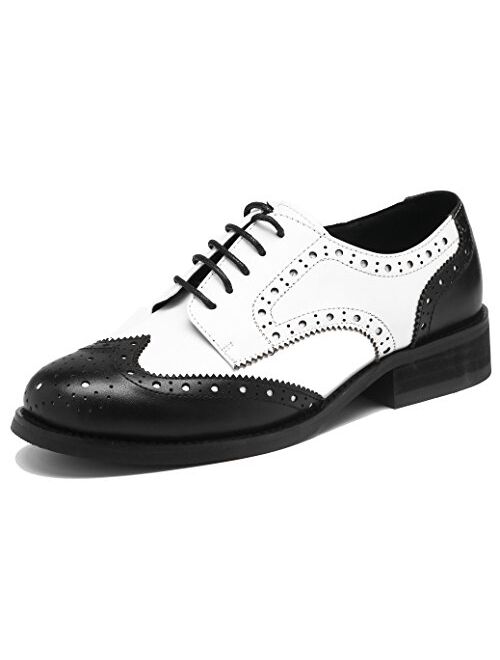 U-lite Women's Perforated Lace-up Wingtip Multicolor Leather Flat Oxfords Vintage Oxford Shoes