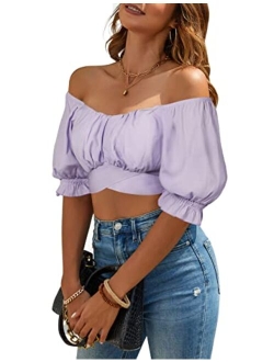 Womens Off The Shoulder Crop Tops Summer Sexy Blouses Puff Sleeve Cute Shirts Bow Tie Trendy Top 2023