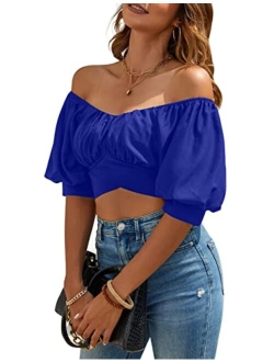 Womens Off The Shoulder Crop Tops Summer Sexy Blouses Puff Sleeve Cute Shirts Bow Tie Trendy Top 2023