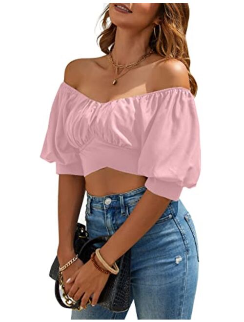 Blooming Jelly Womens Off The Shoulder Crop Tops Summer Sexy Blouses Puff Sleeve Cute Shirts Bow Tie Trendy Top 2023