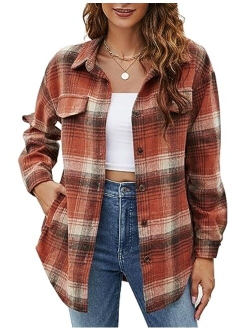 Womens Flannel Plaid Shirt Button Down Long Sleeve Shackets Winter Jackets 2023