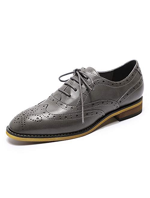 Mona flying Women's Leather Perforated Lace-up Oxfords Brogue Wingtip Derby Shoes for ladis Women