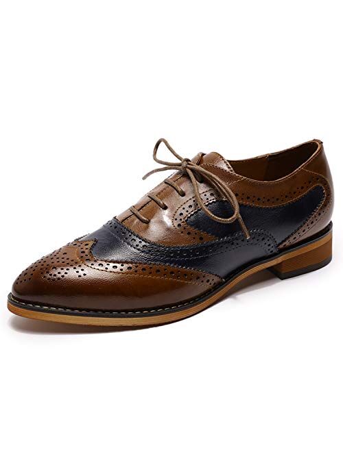 Mona flying Women's Leather Perforated Lace-up Oxfords Brogue Wingtip Derby Shoes for ladis Women