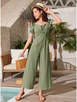 Teen Girls Twist Front Puff Sleeve Wide Leg Jumpsuit