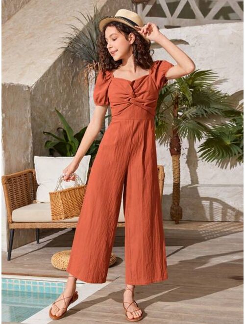 SHEIN Teen Girls Twist Front Puff Sleeve Wide Leg Jumpsuit