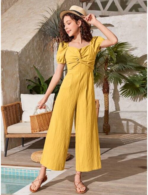 SHEIN Teen Girls Twist Front Puff Sleeve Wide Leg Jumpsuit