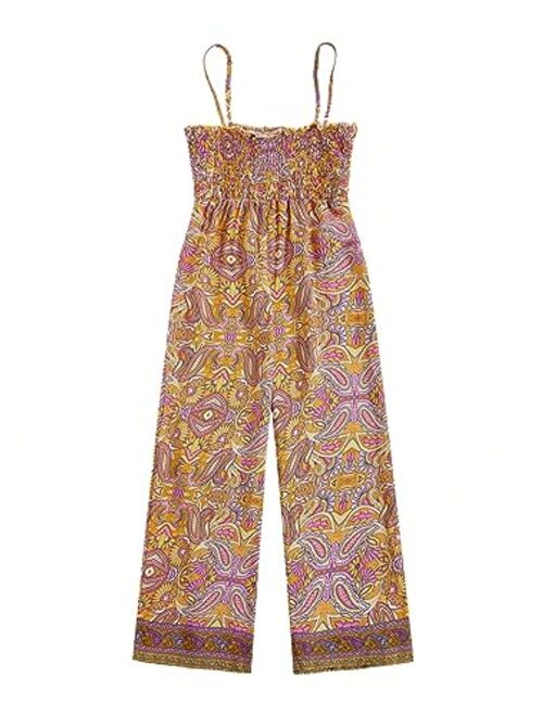 WDIRARA Girl's Floral Print Wide Leg Smocked Sleeveless Summer Boho Flowy Jumpsuit