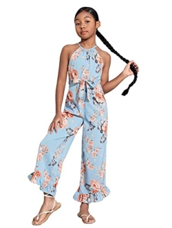 Girl's Floral Print Halter Neck Sleeveless Ruffle Hem Belted Flare Leg Jumpsuit Pants