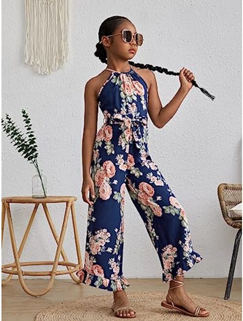 WDIRARA Girl's Floral Print Halter Neck Sleeveless Ruffle Hem Belted Flare Leg Jumpsuit Pants