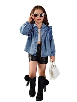 Toddler Girl's Ruffle Trim Collared Long Sleeve Button Up Denim Shirt Jacket