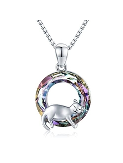 JUSTKIDSTOY Cat Necklace 925 Sterling Silver Cute Animal Pendant Necklace with Crystal Cat Jewelry Gifts for Women Girls Cat Lovers