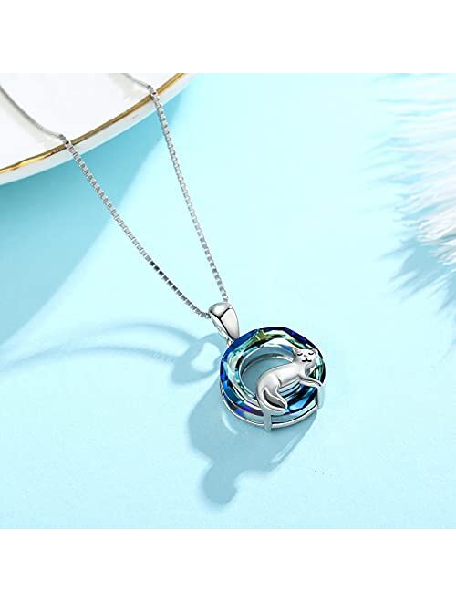 JUSTKIDSTOY Cat Necklace 925 Sterling Silver Cute Animal Pendant Necklace with Crystal Cat Jewelry Gifts for Women Girls Cat Lovers