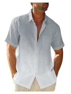 Beotyshow Mens Gradient Linen Shirts Casual Button Down Short Sleeve Beach Summer Shirts