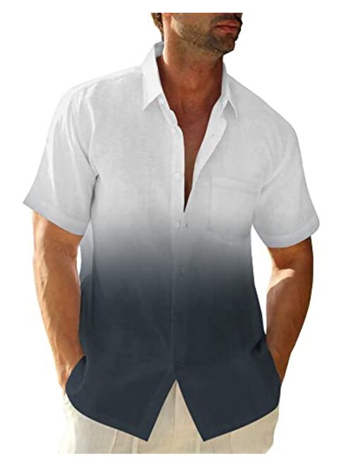 Beotyshow Mens Gradient Linen Shirts Casual Button Down Short Sleeve Beach Summer Shirts