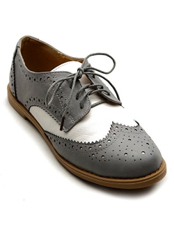 Ollio Women's Flat Shoe Wingtip Lace Up Two Tone Oxford