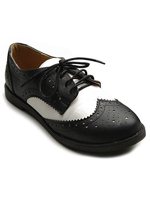 Ollio Women's Flat Shoe Wingtip Lace Up Two Tone Oxford