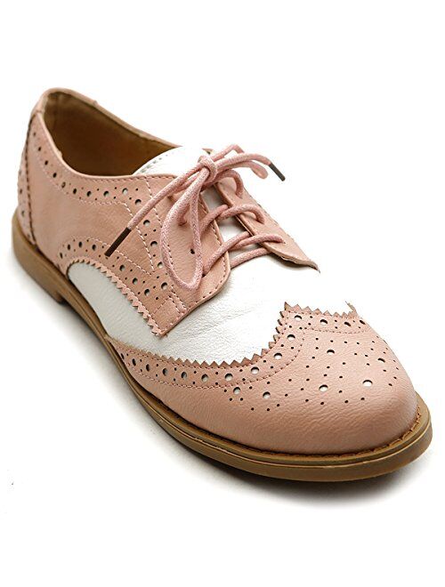 Ollio Women's Flat Shoe Wingtip Lace Up Two Tone Oxford