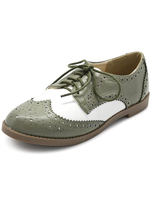 Ollio Women's Flat Shoe Wingtip Lace Up Two Tone Oxford