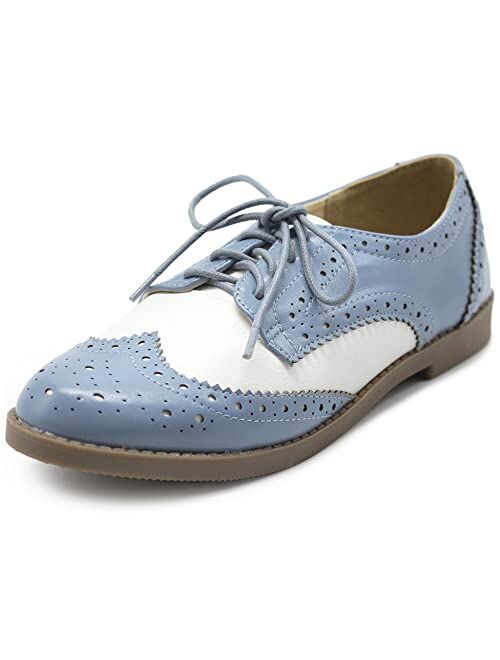 Ollio Women's Flat Shoe Wingtip Lace Up Two Tone Oxford