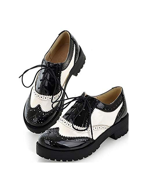 MIOKE Women's Two Tone Lace Up Oxfords Shoes Patent Leather Round Toe Comfy Low Heel Classic Oxford Brogues