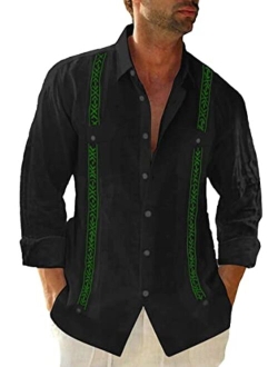 Beotyshow Cuban Guayabera Shirts for Men Mexican Style Short/Long Sleeve Linen Beach Button Down Shirts for Men