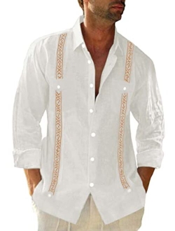 Beotyshow Cuban Guayabera Shirts for Men Mexican Style Short/Long Sleeve Linen Beach Button Down Shirts for Men